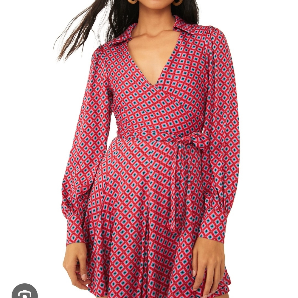 Free People Red and Blue Patterned Long Sleeve Dress
